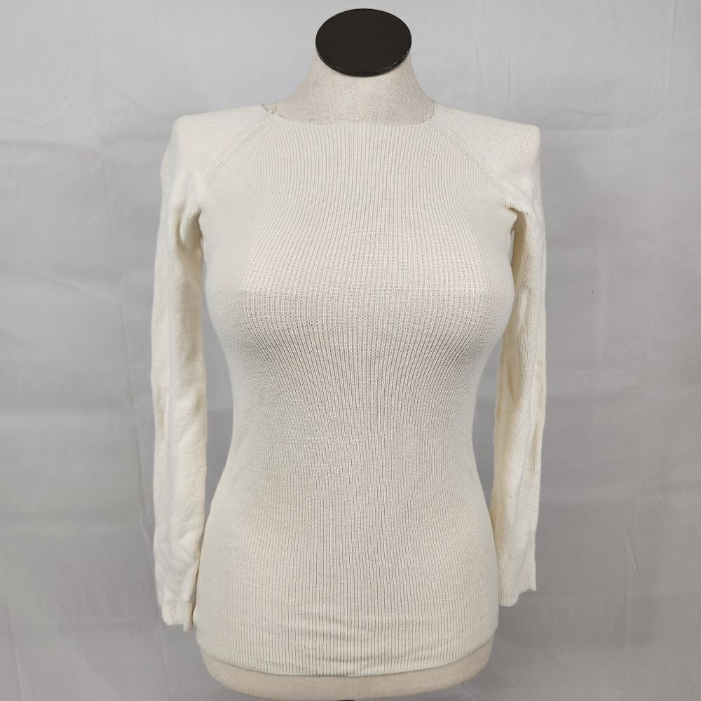 Athleta Ivory Cream Open Back Ribbed Knit Long Sleeve Sweater Top Sz XXS